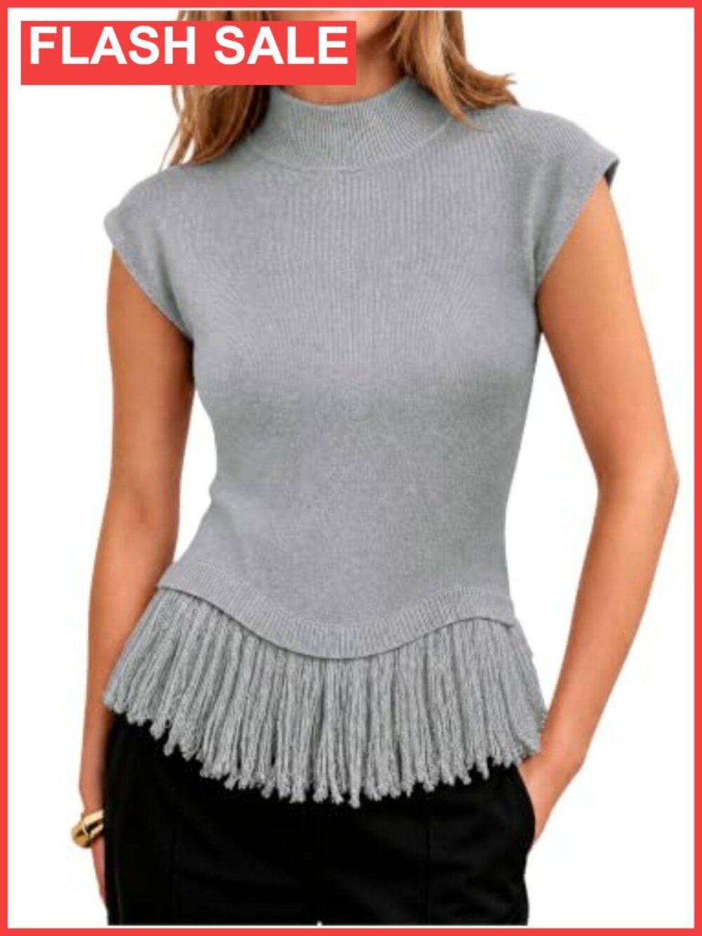 Mock Neck Cable Knit Sweater Vest Fringe Cap Sleeve Layering